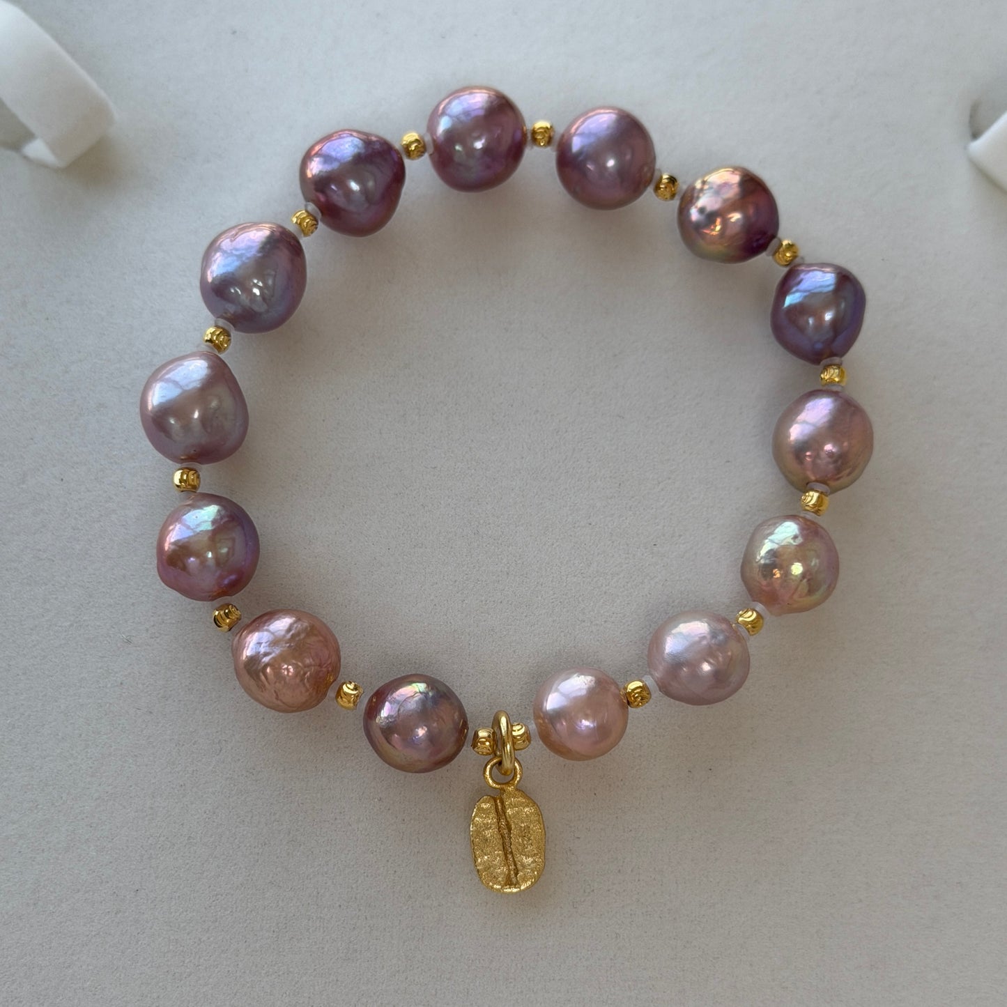 Baroque metallic luster Purple Pink Gold freshwater pearl bracelet s925 with coffee bean charm