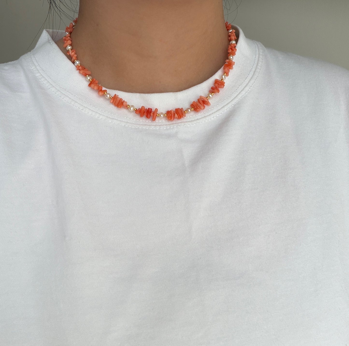 Pretty Coral pearl Necklace Dainty Lace organic shape s925
