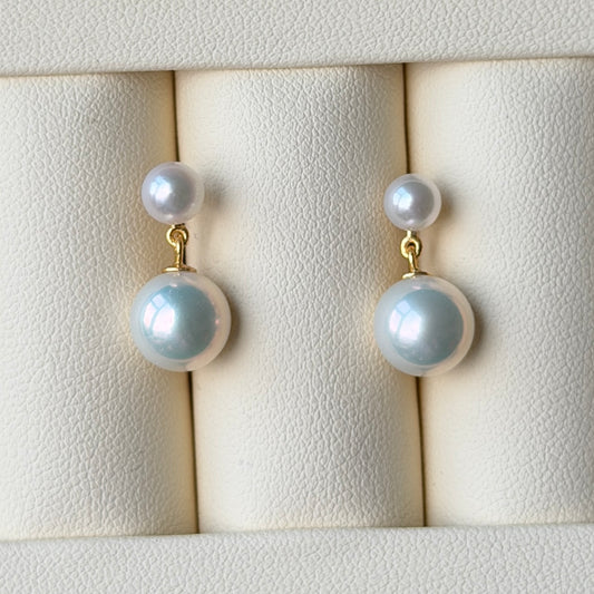 Double pearl drop style earrings s925 5-6mm akoya pearl 8-9mm Freshwater pearl