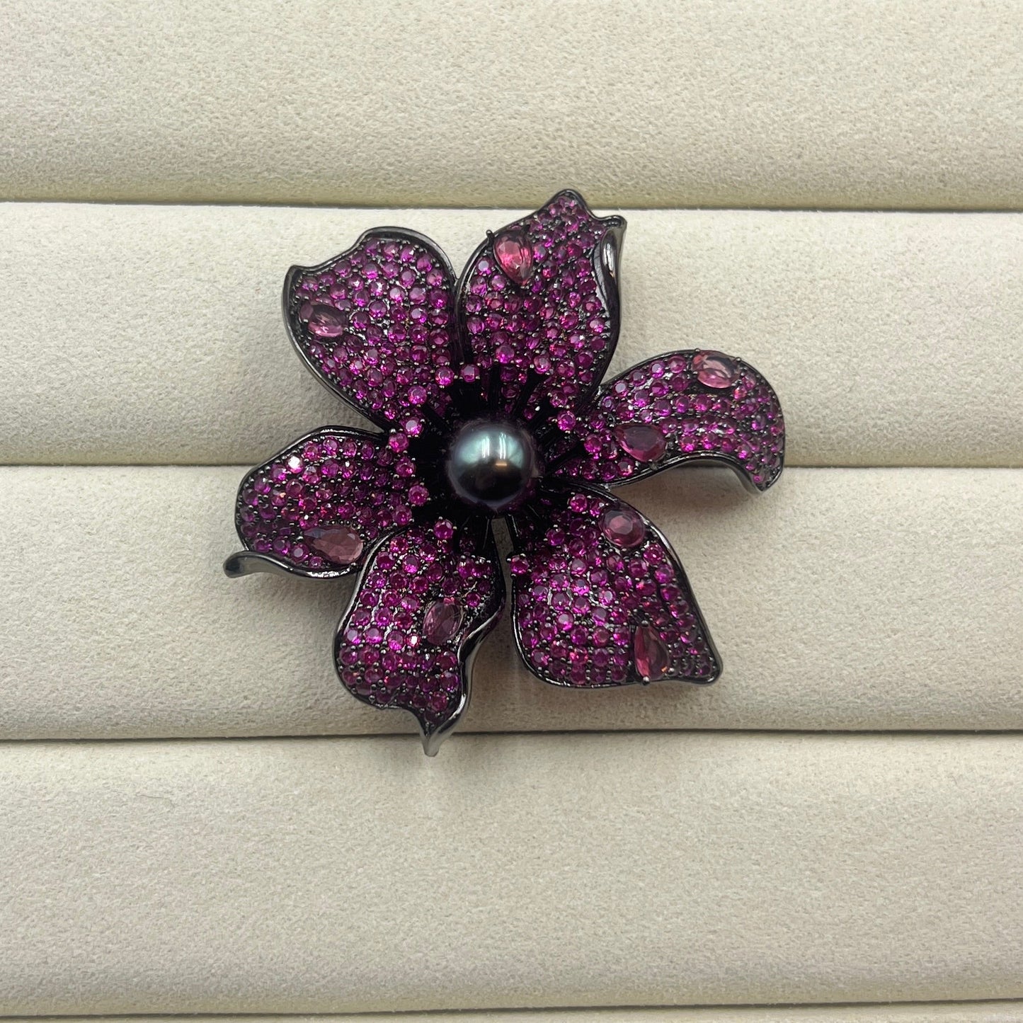 Black Tahitian Pearl Black Pink Floral Brooch