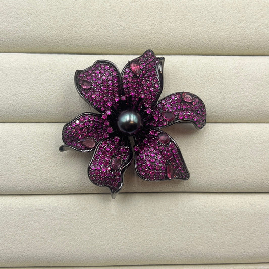 Black Tahitian Pearl Black Pink Floral Brooch