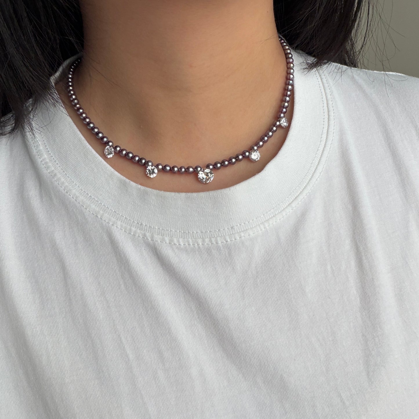 Stunning 4-5mm Metallic luster purple pearl with 5 sparkle zircon stone necklace s925