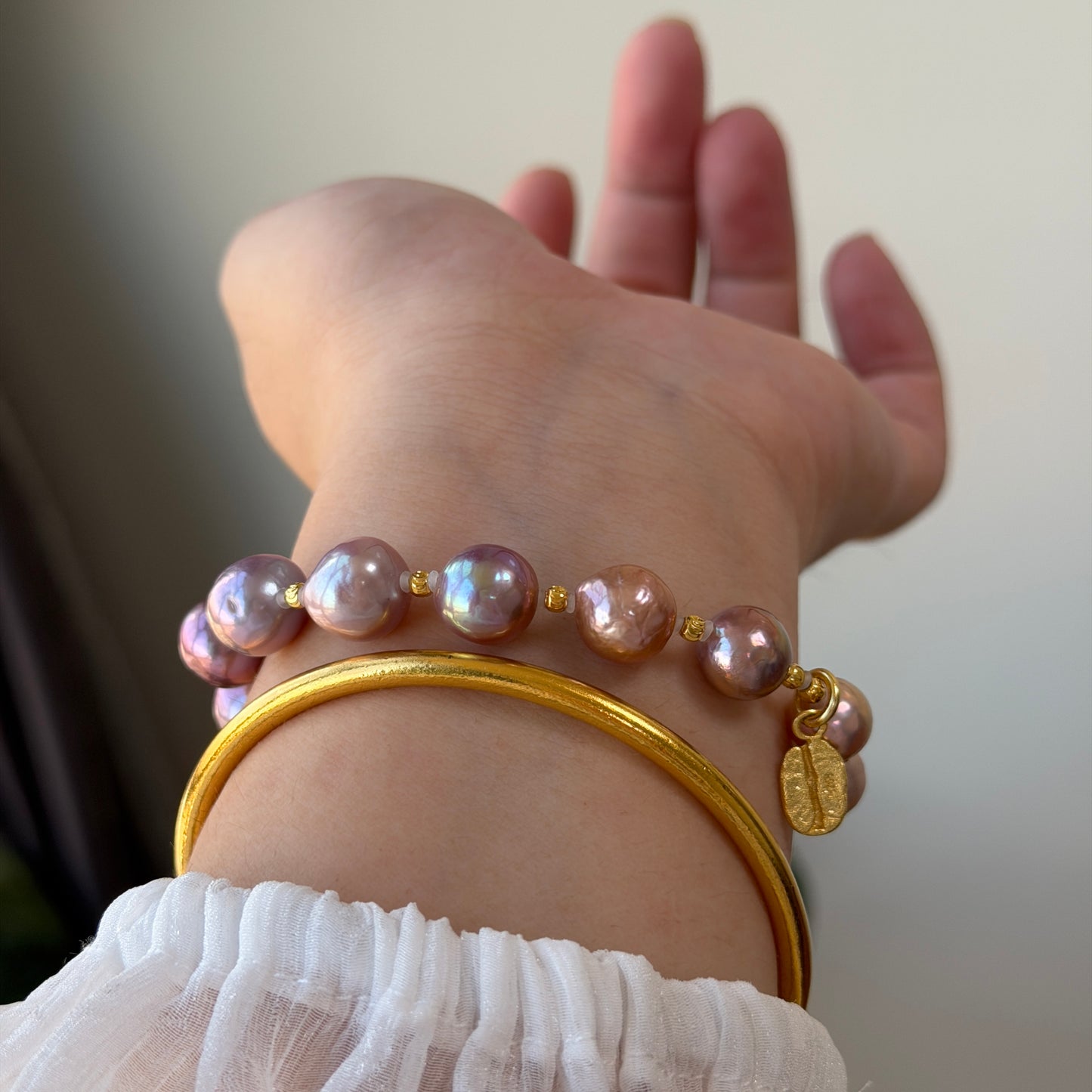 Baroque metallic luster Purple Pink Gold freshwater pearl bracelet s925 with coffee bean charm