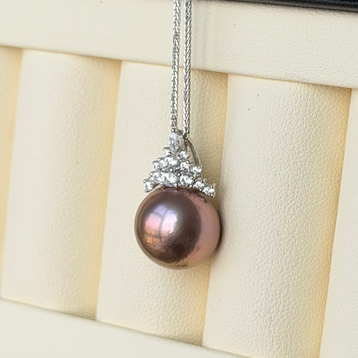 12.8mm huge edison pearl Copper brown pinky purple necklace s925