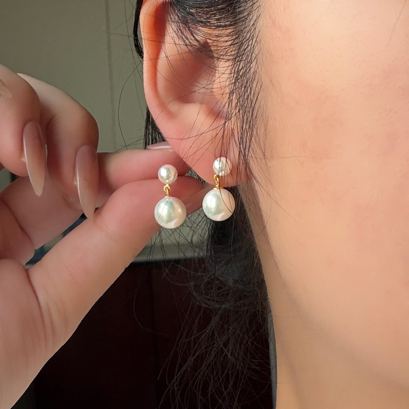 Double pearl drop style earrings s925 5-6mm akoya pearl 8-9mm Freshwater pearl