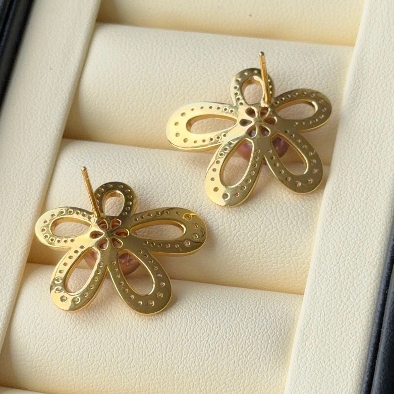 Golden Flower Metallic metal purple pearl earrings s925 cz stones