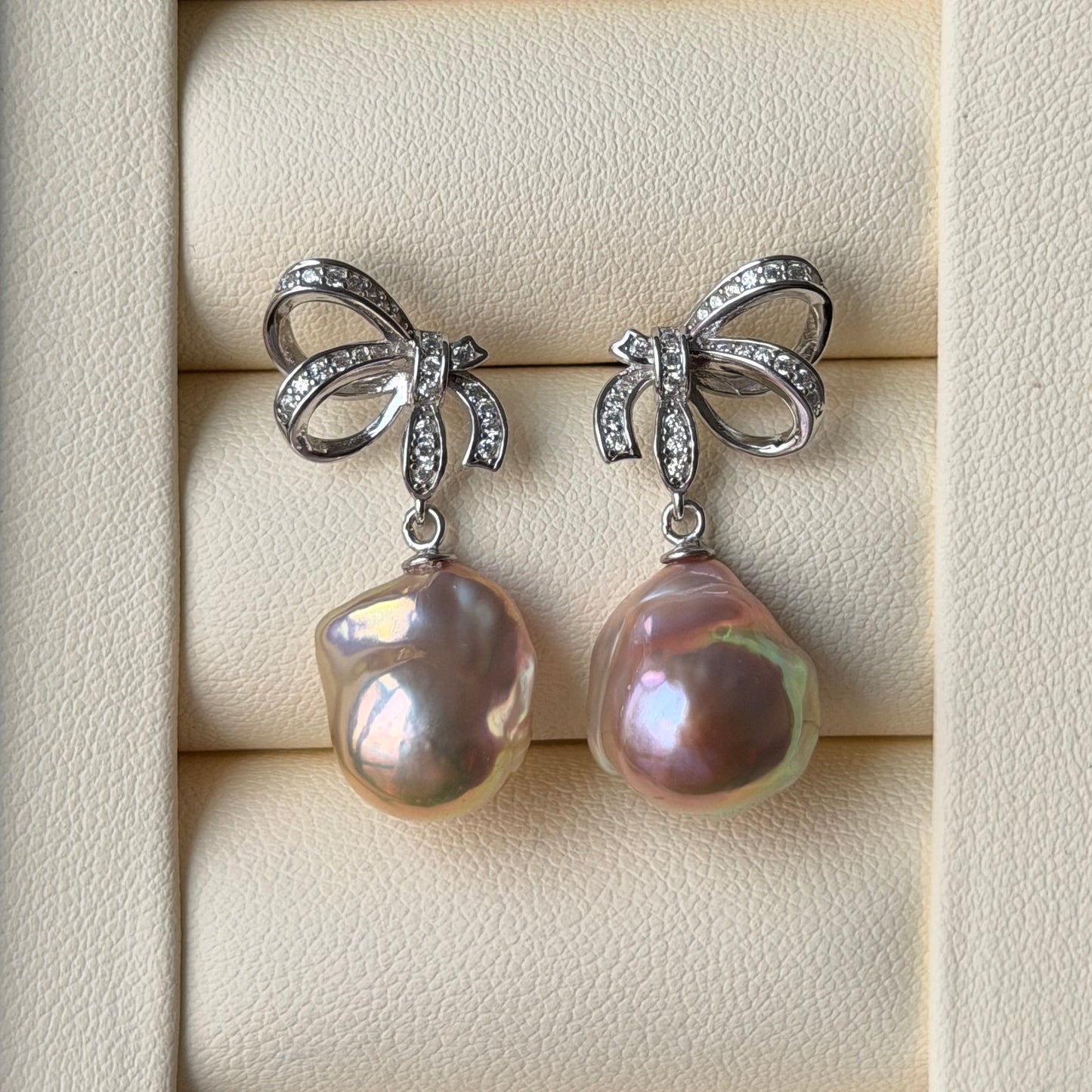Rare one-of-a-kind small baroque metallic rose golden green luster Bow romantic drop earrings s925 11-13mm