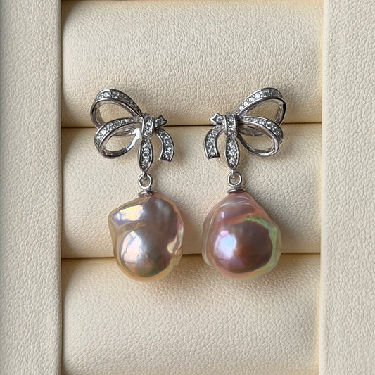 Rare one-of-a-kind small baroque metallic rose golden green luster Bow romantic drop earrings s925 11-13mm