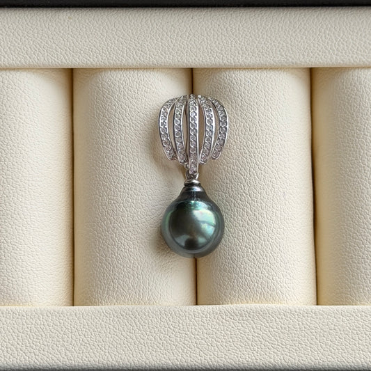 Luxury Shell Style Tear drop Black Tahitian Pearl Stunning luster detachable pendant s925 10.5-11mm