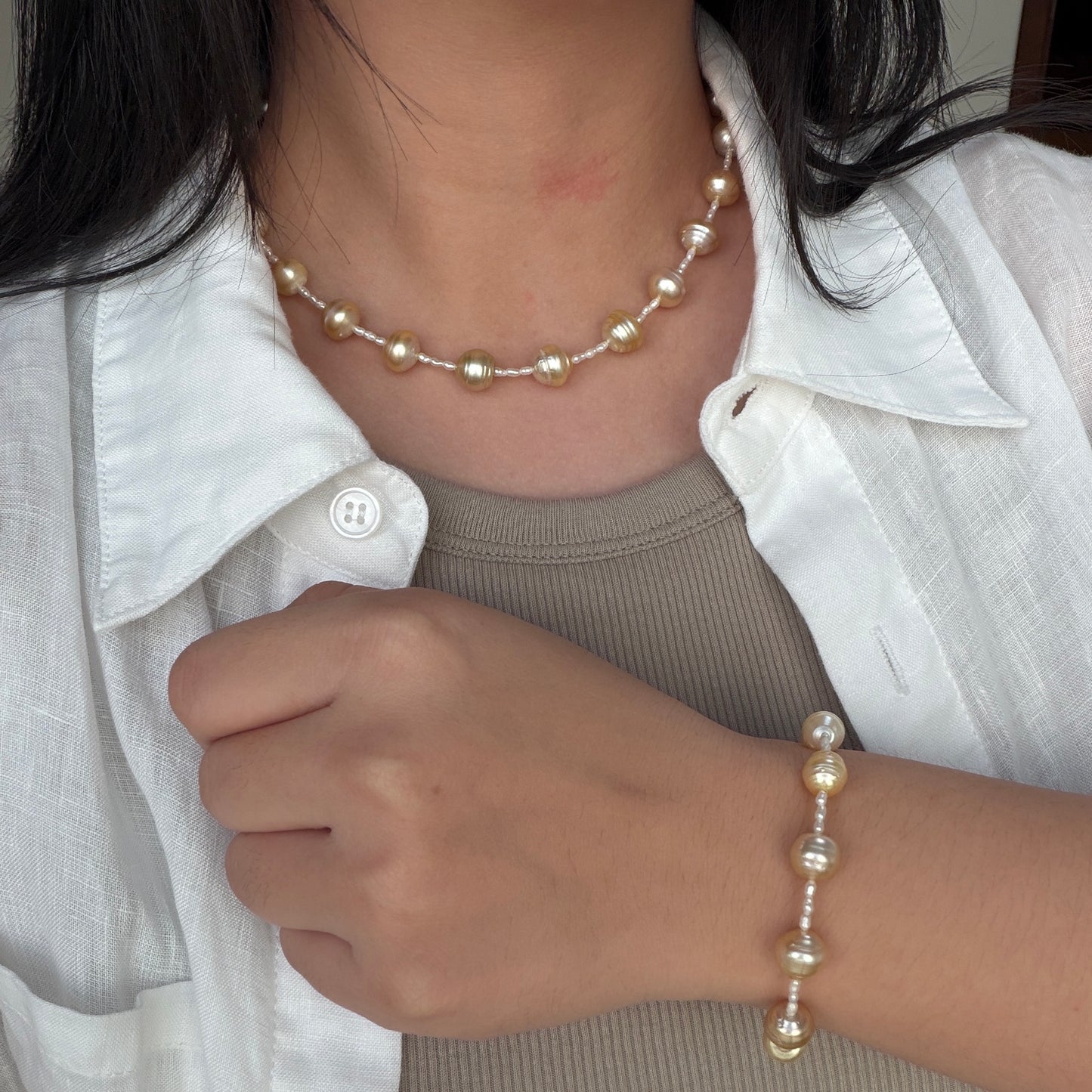 South Sea Golden Beehive Baroque Pearl Necklace Bracelet set s925