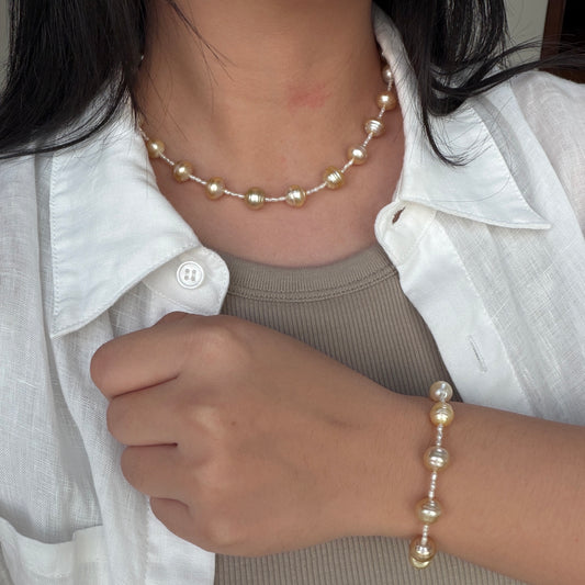South Sea Golden Beehive Baroque Pearl Necklace Bracelet set s925