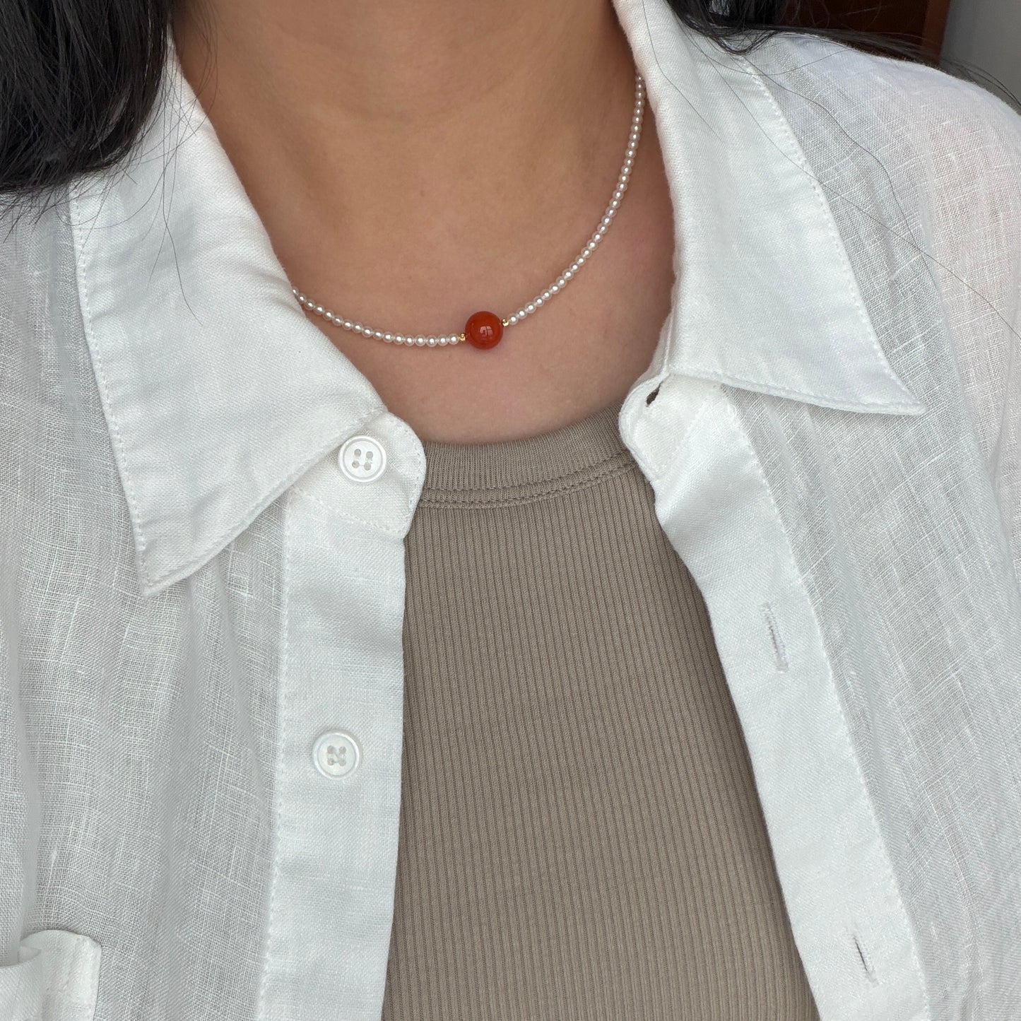 Stunning Nan Hong South red agate Lulu Pearl full strand necklace s925