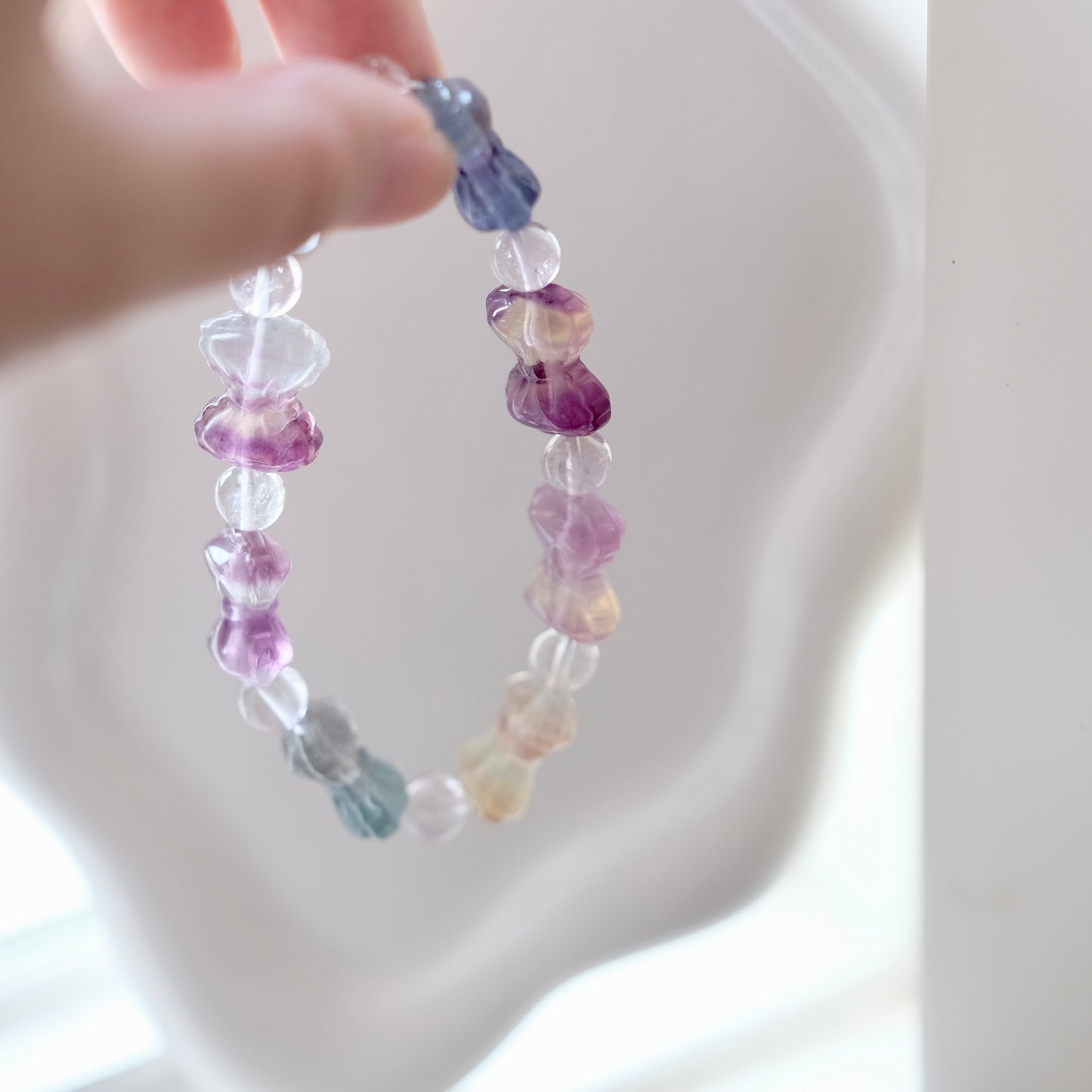 Fluorite Crystal Bracelet Bowtie Rainbow Fluorite Stone Bracelet, round crystal Gemstone Bracelet Beaded Stone Jewelry