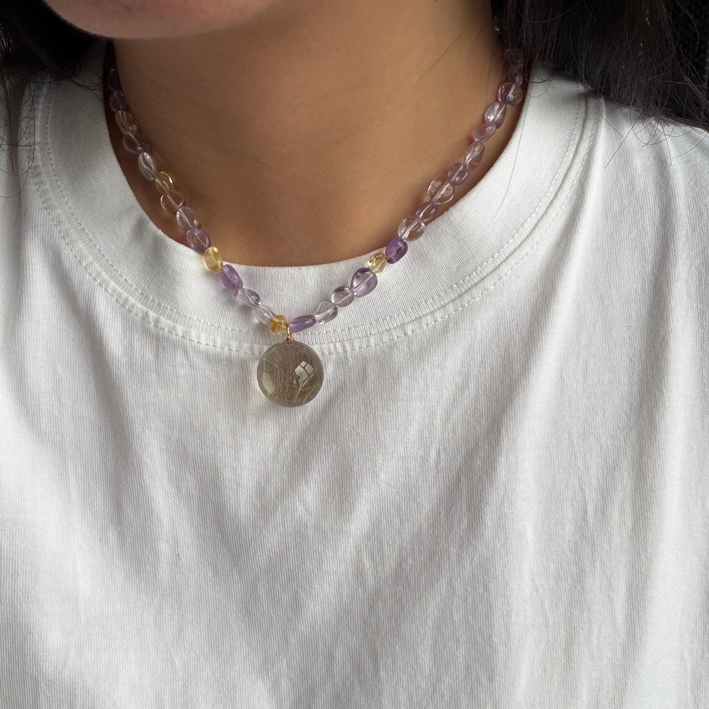 Clearance Deal Golden Hair Clear Crystal & Amethyst Yellow Citrine Necklace