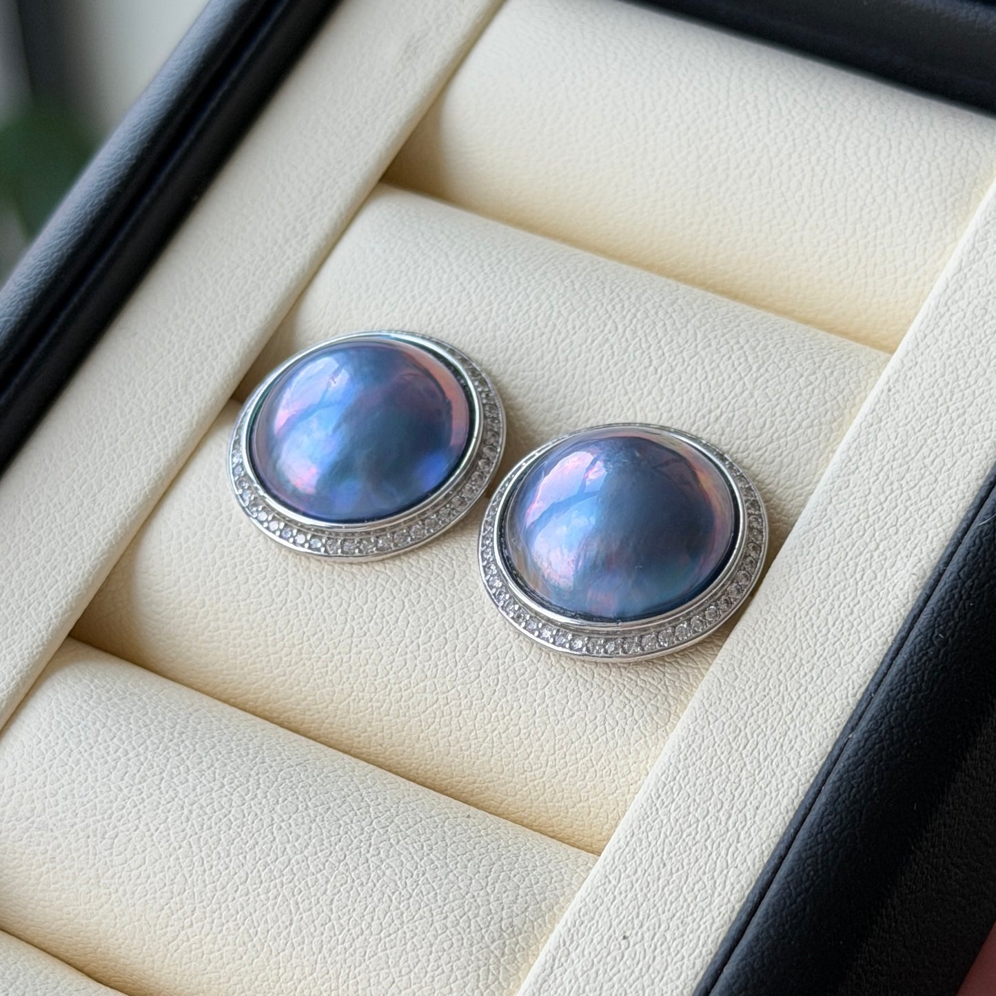 14-15mm Seawater mabe earrings ocean blue color s925 setting
