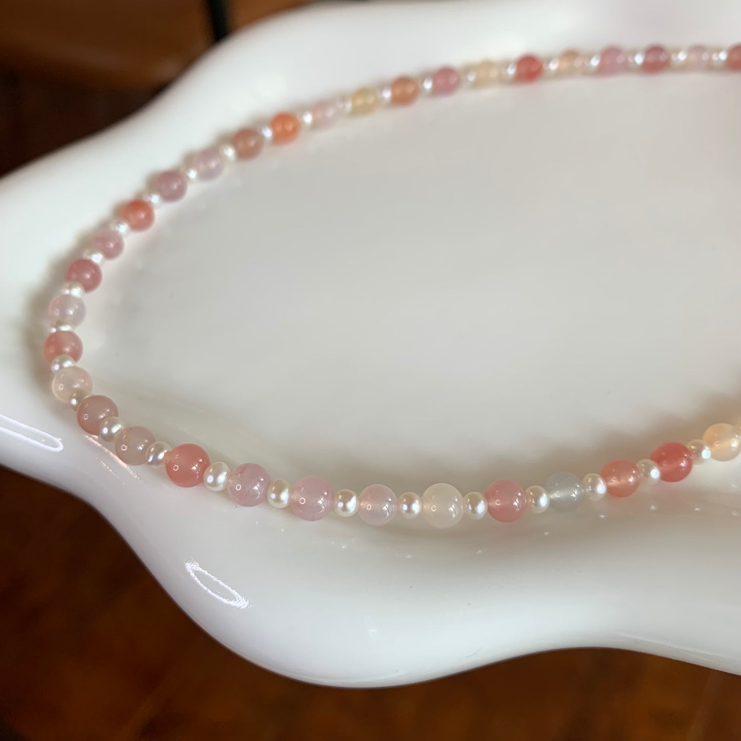 【Soft Aura Collection】Pink orange agate with pearl necklace s925