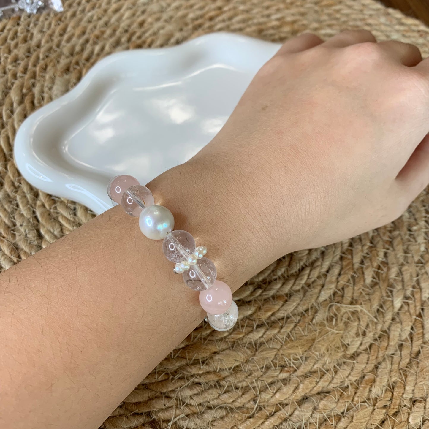 Rose quartz clear Crystal with freshwater pearl bracelet