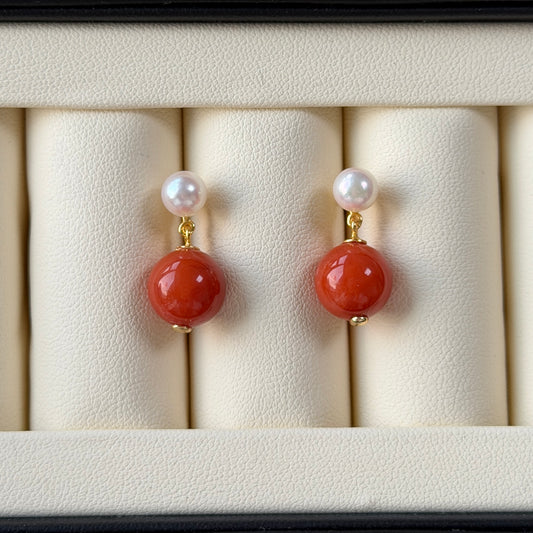 Double drop earrings south red agate with Akoya Pearl s925
