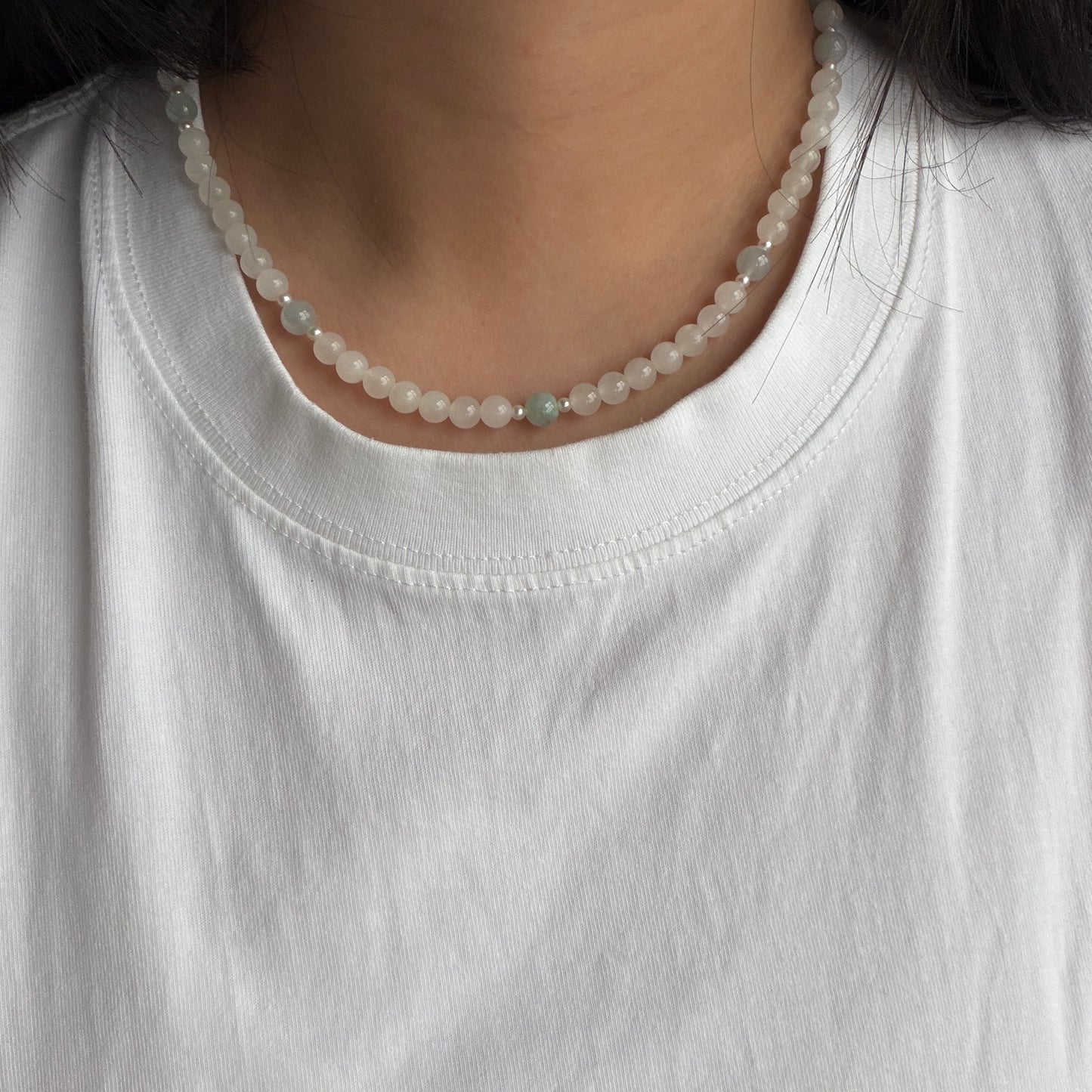 Super Deal Unique Dainty Light green with white Jade Pearl necklace s925