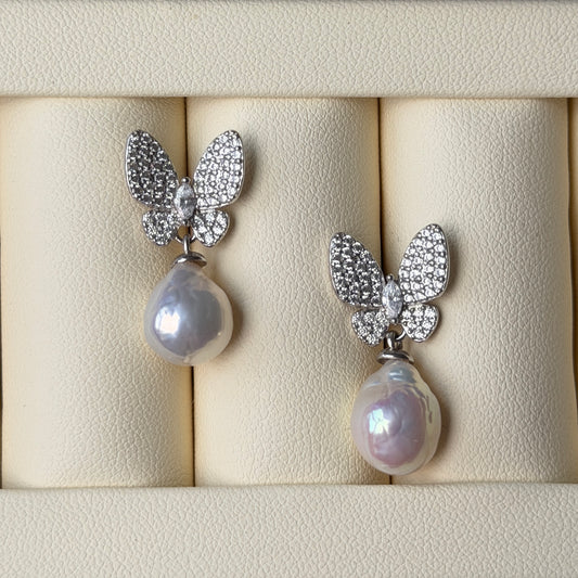 Metallic luster Butterfly freshwater pearl baroque pearl earrings s925 9-10mm