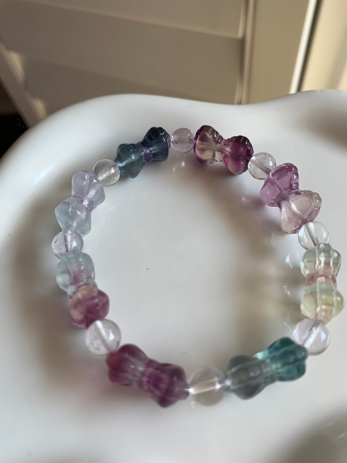 Fluorite Crystal Bracelet Bowtie Rainbow Fluorite Stone Bracelet, round crystal Gemstone Bracelet Beaded Stone Jewelry