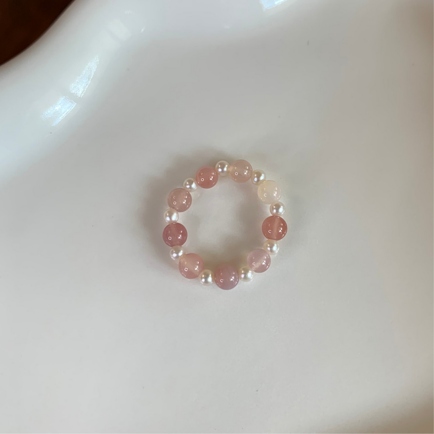 【Soft Aura Collection】Pink agate pearl ring elastic