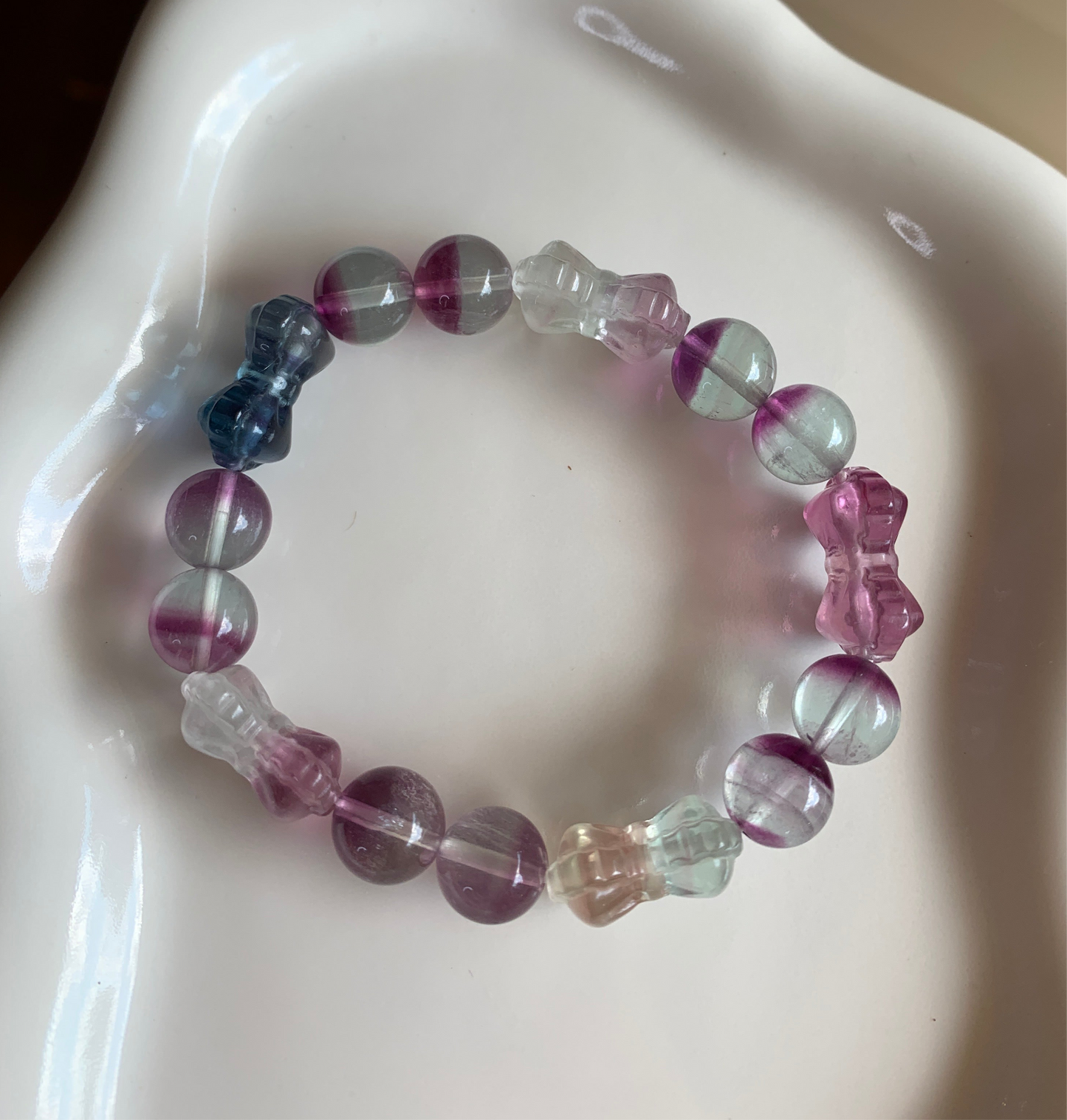Fluorite Crystal Bracelet bowtie Rainbow with round Fluorite Stone Bracelet, Gemstone Bracelet Beaded Stone Jewelry