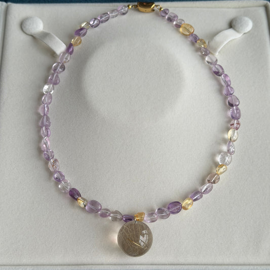 Clearance Deal Golden Hair Clear Crystal & Amethyst Yellow Citrine Necklace