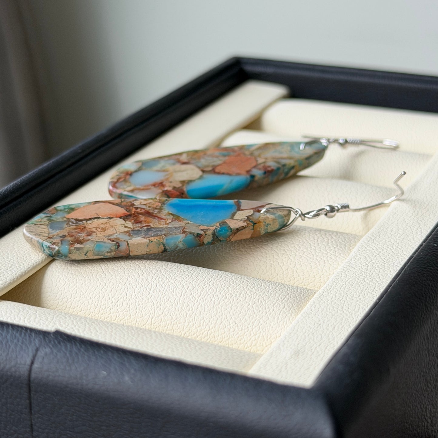 Natural Shoushan stone mosaic style drop earrings s925