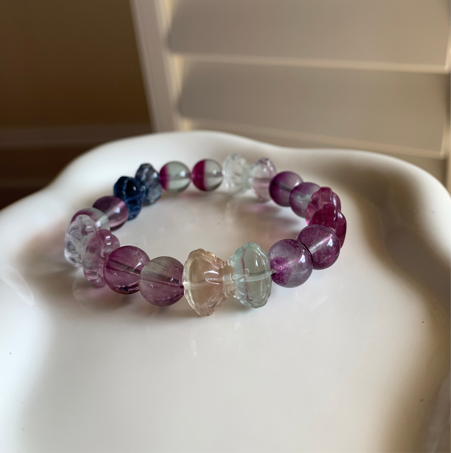 Fluorite Crystal Bracelet bowtie Rainbow with round Fluorite Stone Bracelet, Gemstone Bracelet Beaded Stone Jewelry