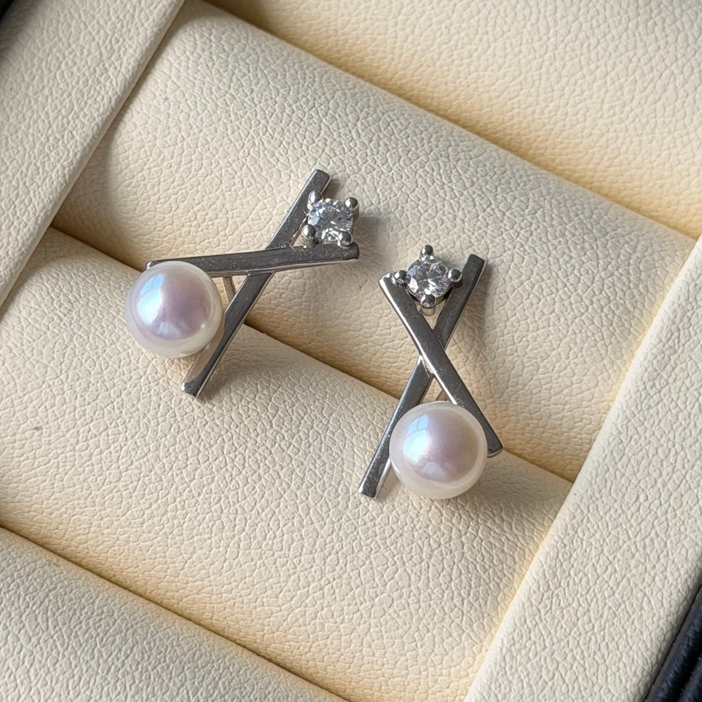 6.5-7mm freshwater pearl X shape Cz stone earring studs s925 office style everyday wear dainty simple timeless
