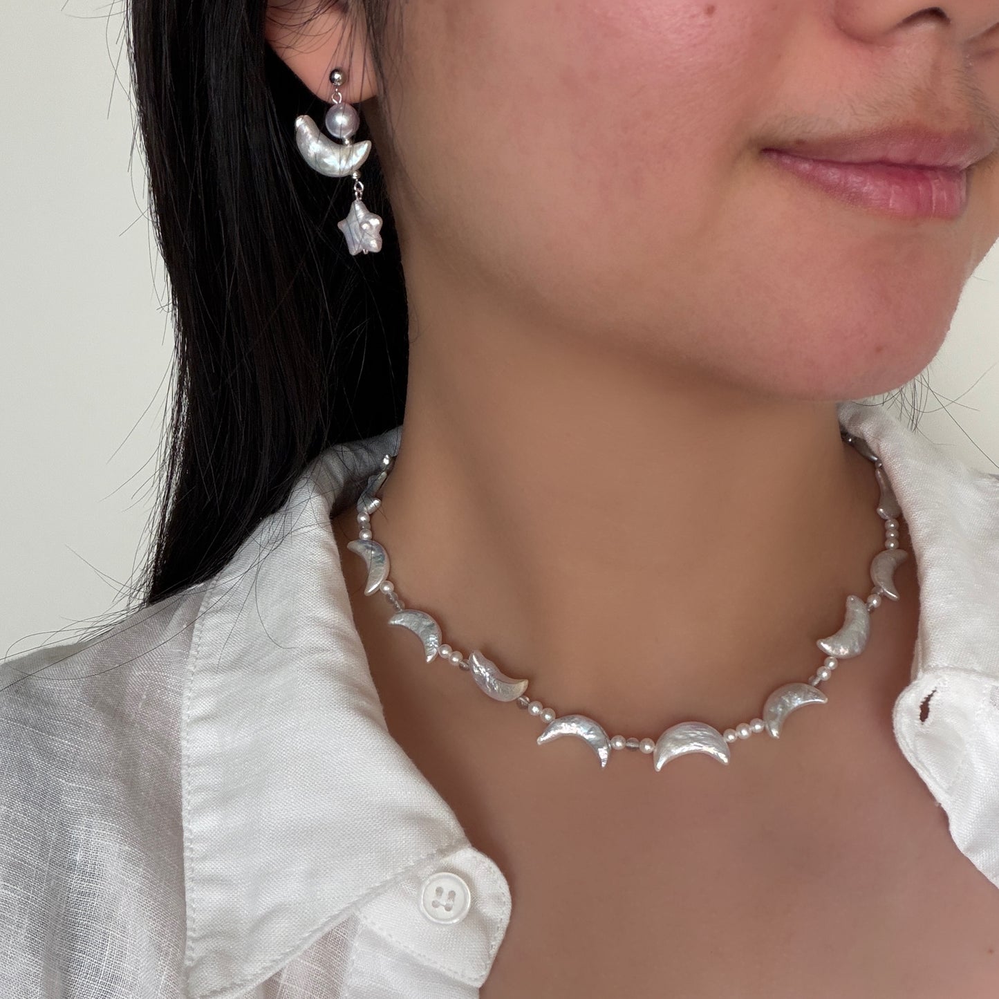 Moon star Pearl dainty earring s925