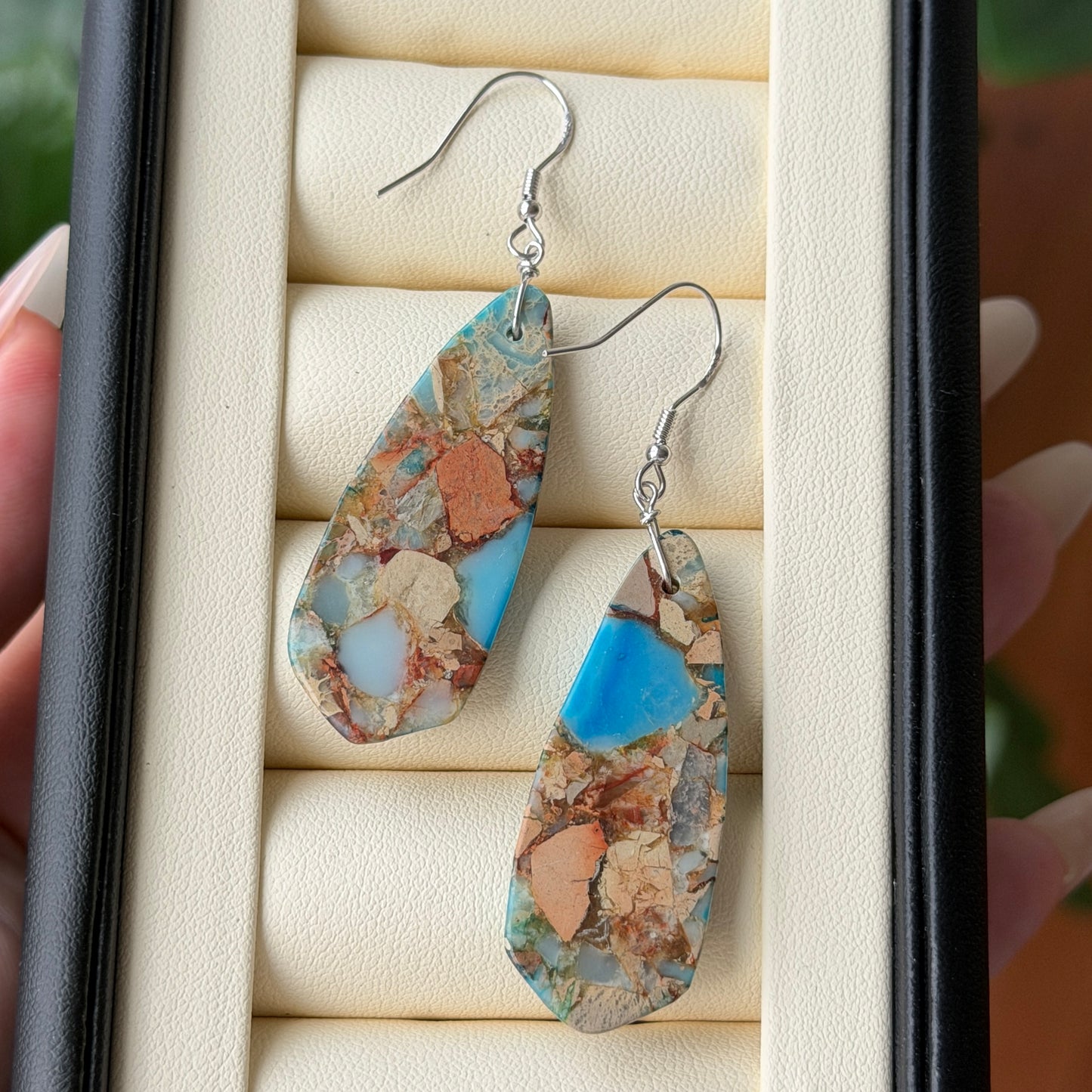Natural Shoushan stone mosaic style drop earrings s925