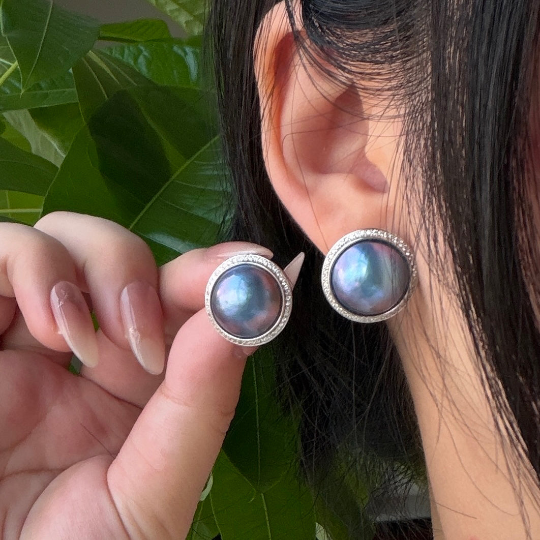 14-15mm Seawater mabe earrings ocean blue color s925 setting