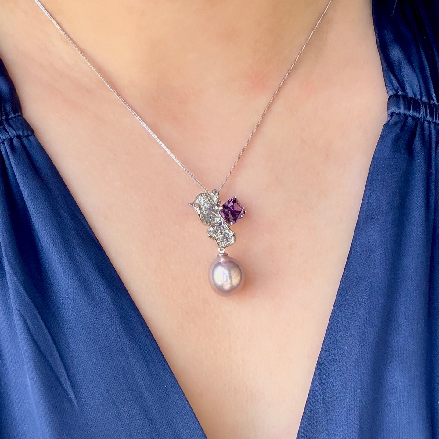 12mm metallic purple oval pearl Luxury Cz stone flower necklace s925