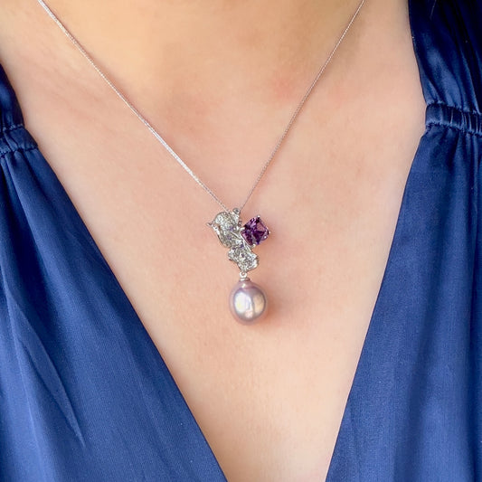 12mm metallic purple oval pearl Luxury Cz stone flower necklace s925