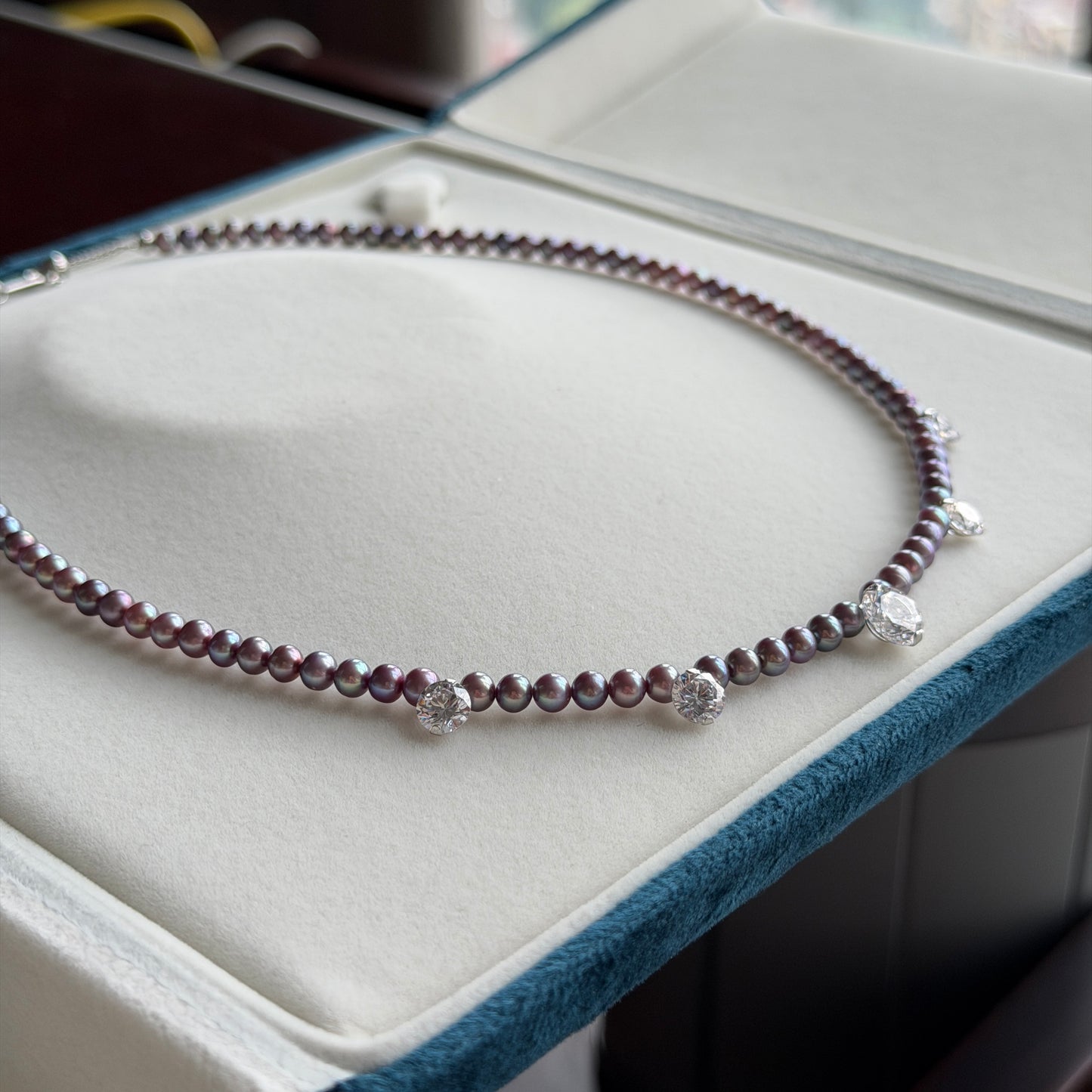 Stunning 4-5mm Metallic luster purple pearl with 5 sparkle zircon stone necklace s925