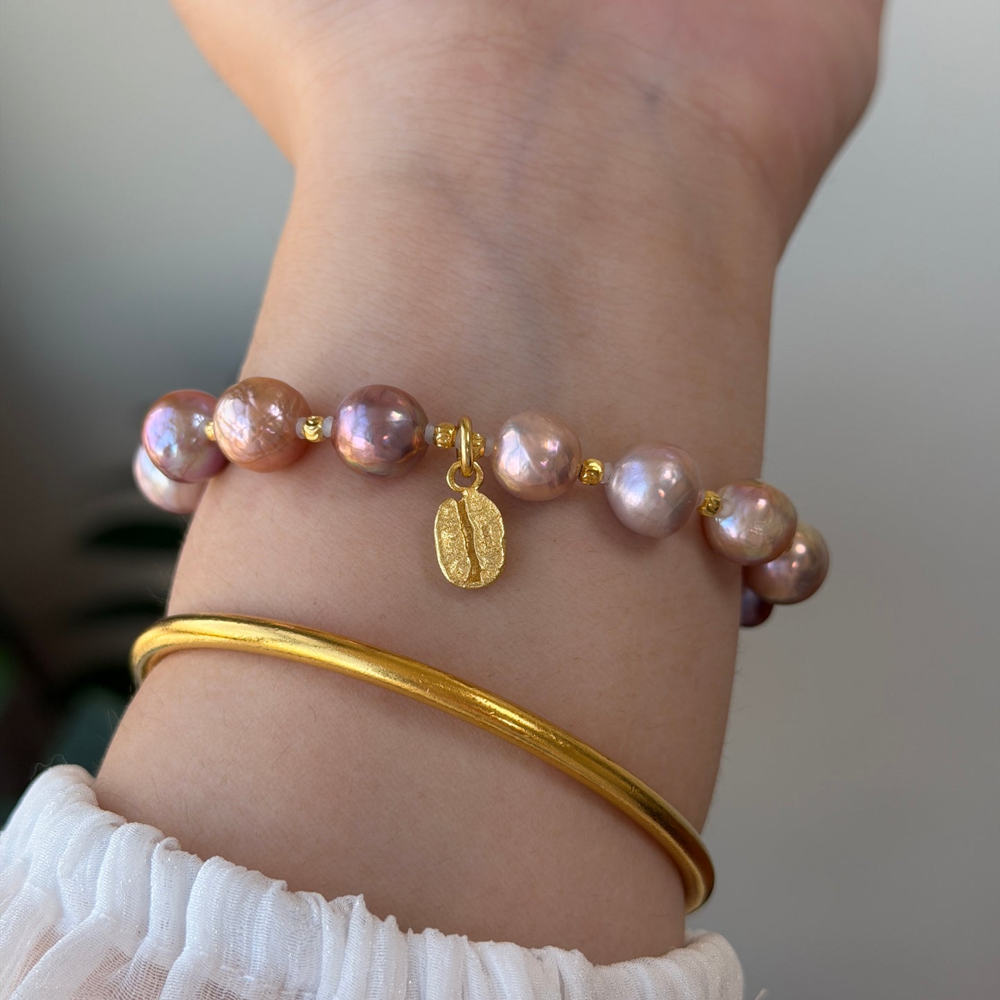 Baroque metallic luster Purple Pink Gold freshwater pearl bracelet s925 with coffee bean charm