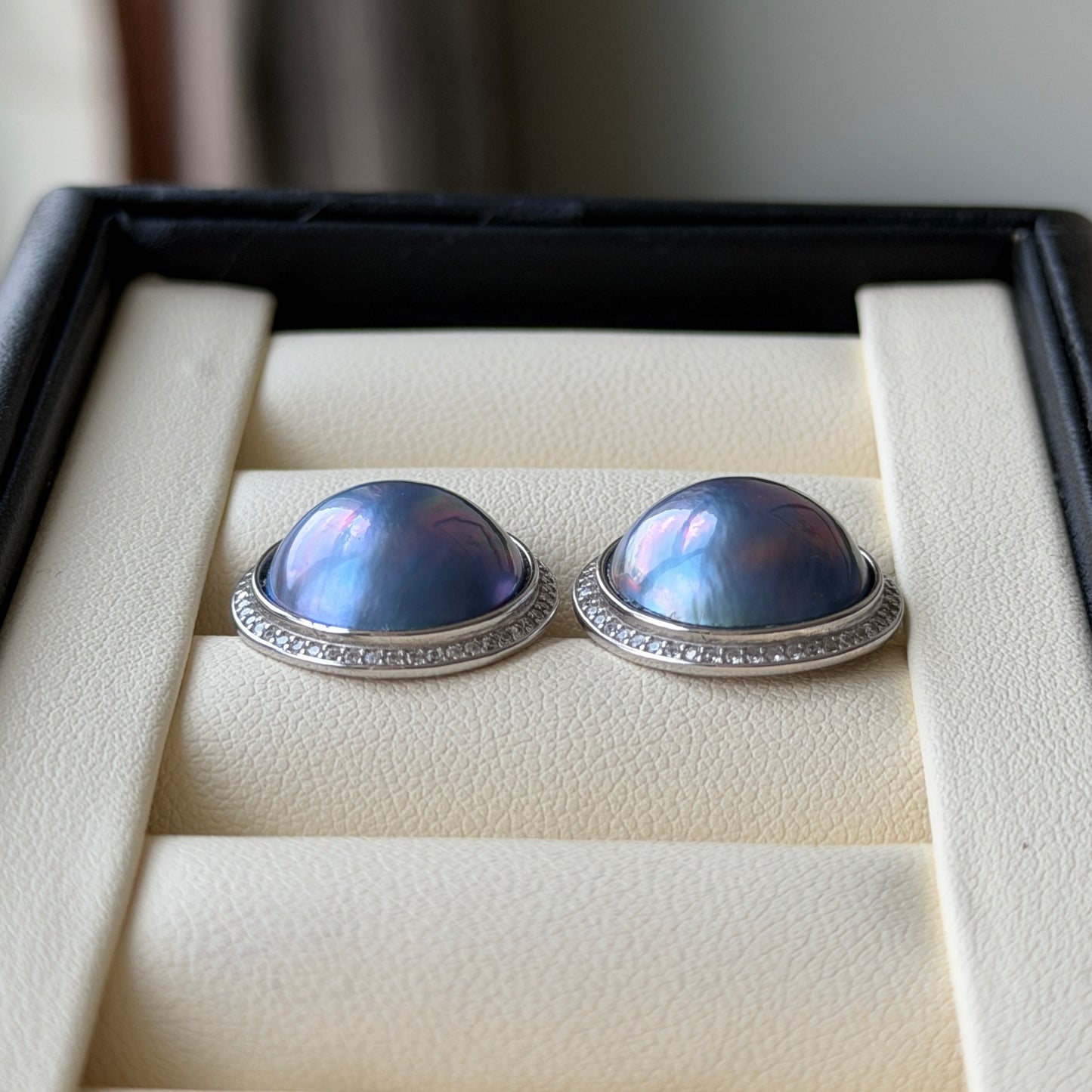 14-15mm Seawater mabe earrings ocean blue color s925 setting