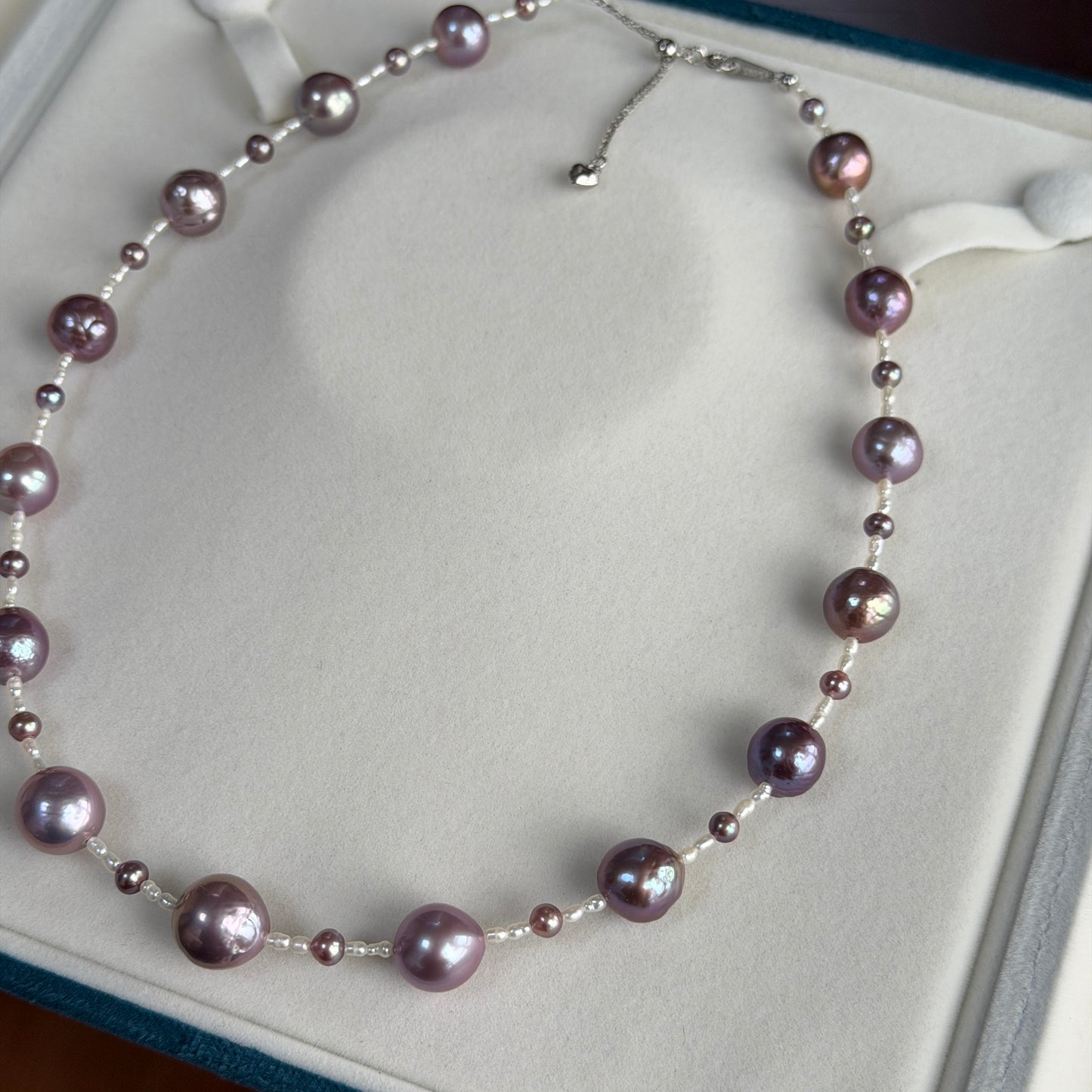 9.5-12mm & 4-5mm Metallic purple freshwater pearl necklace with white Freshwater Keshi s925