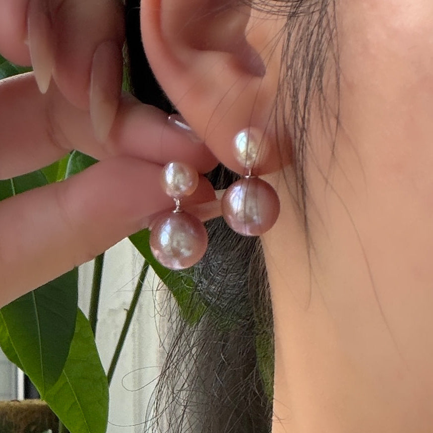 Double dainty Pinky Purple pearl earrings s925