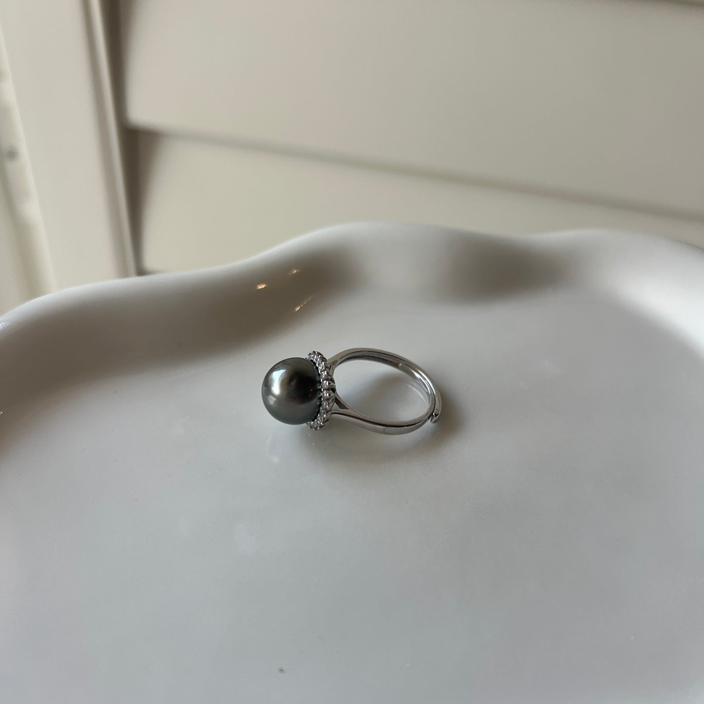 Black Tahitian pearl sunflower design ring s925 size adjustable