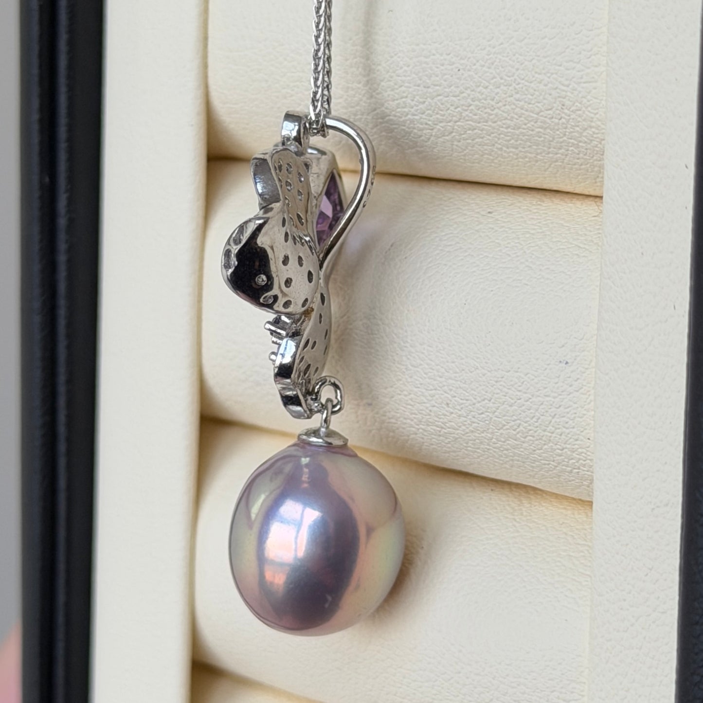 12mm metallic purple oval pearl Luxury Cz stone flower necklace s925