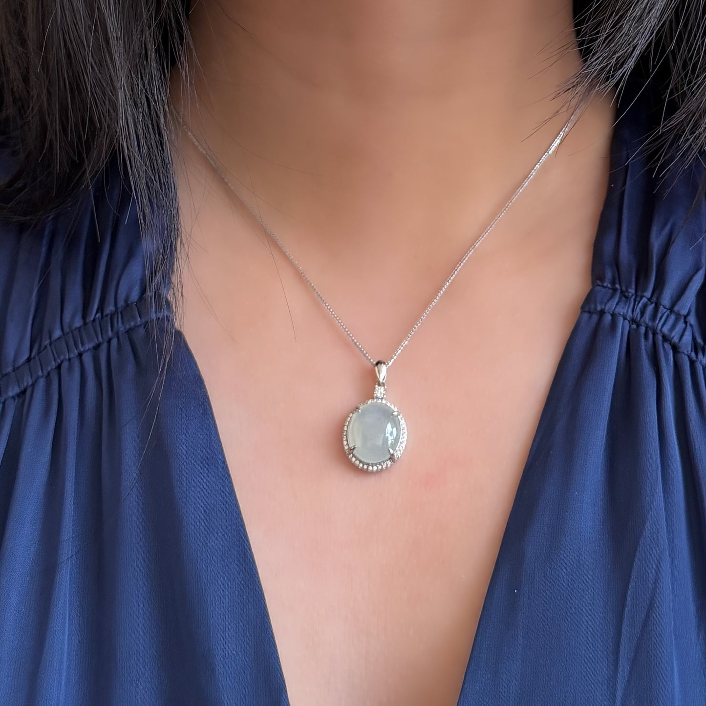 Icy Green tone Jade necklace s925 Cz stone Jade size 11.5*13.5mm