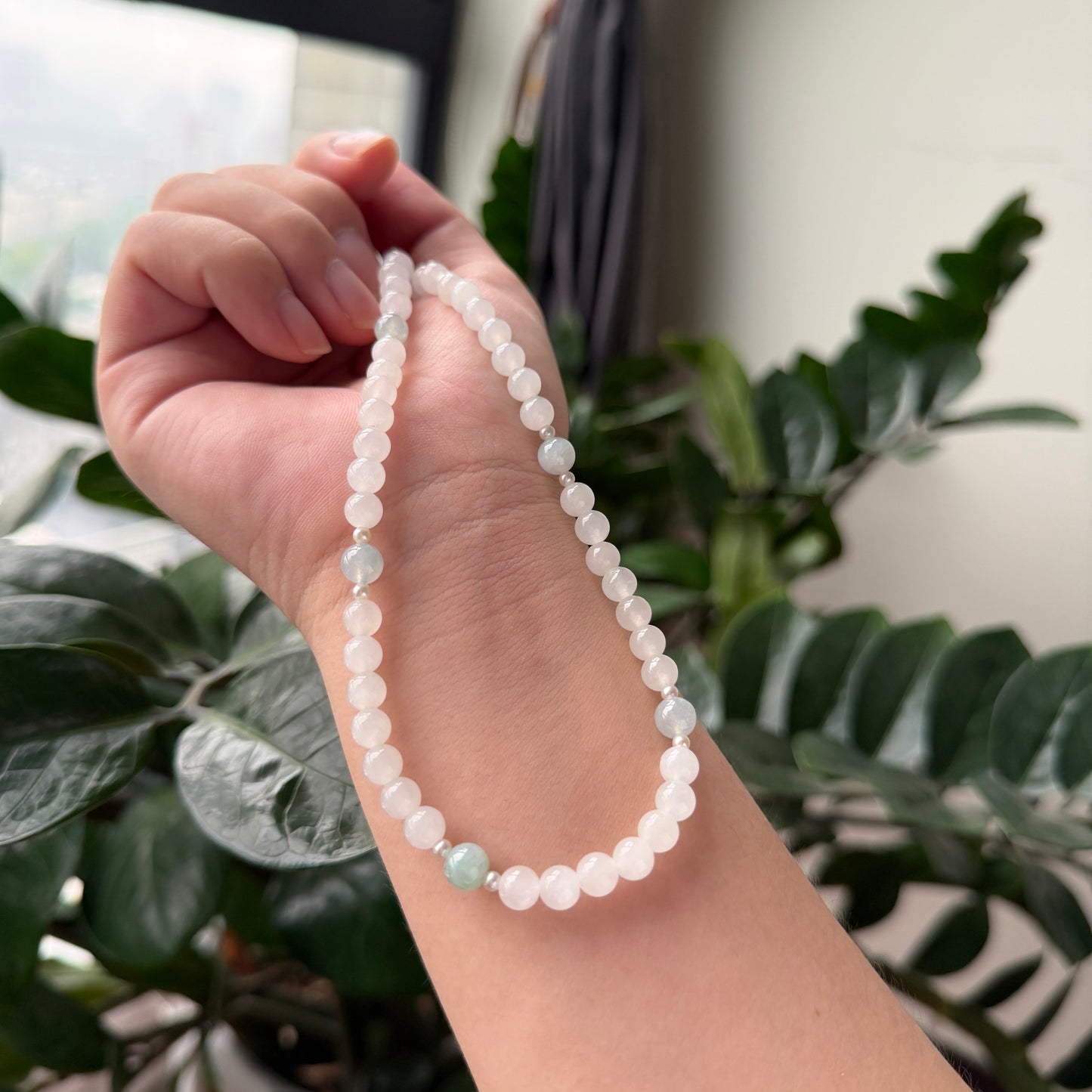 Super Deal Unique Dainty Light green with white Jade Pearl necklace s925