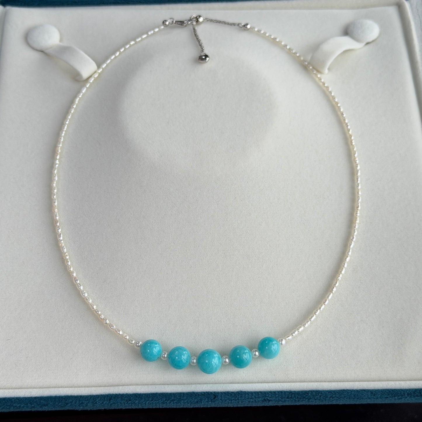 Big Smile Tiffany Blue color Amazonite stone freshwater pearl keshi necklace s925