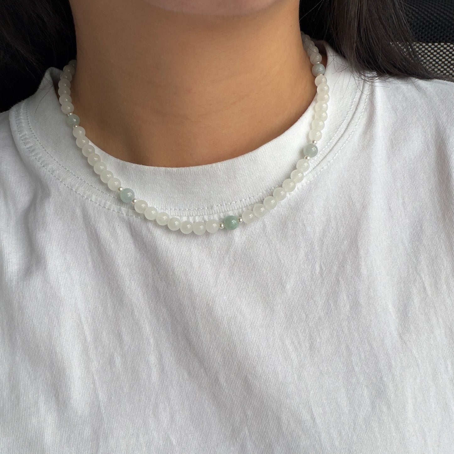 Super Deal Unique Dainty Light green with white Jade Pearl necklace s925