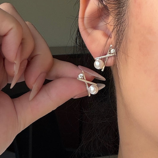 6.5-7mm freshwater pearl X shape Cz stone earring studs s925 office style everyday wear dainty simple timeless
