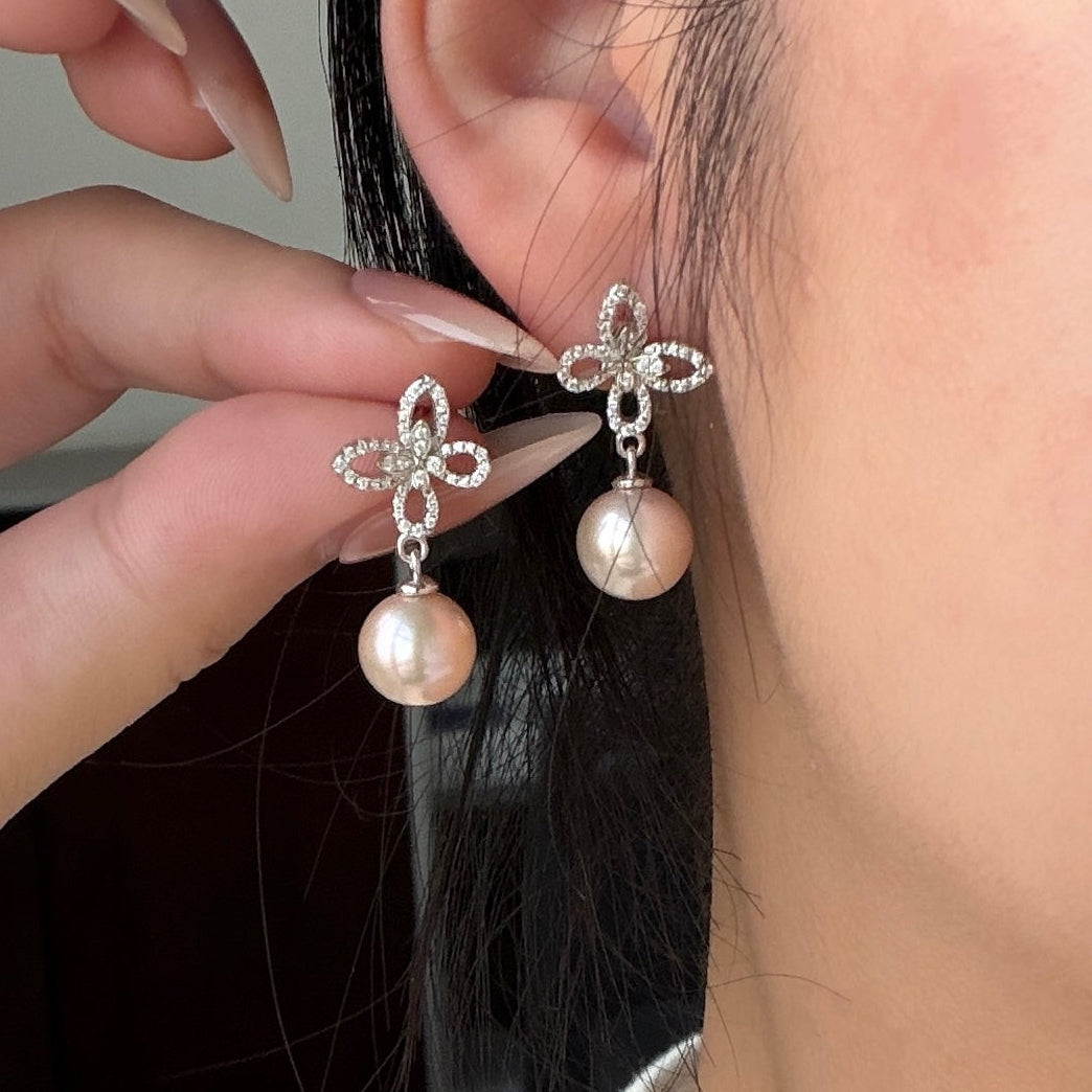 9-10mm Top grade Seedless Round shape Freshwater pearl butterfly earrings s925
