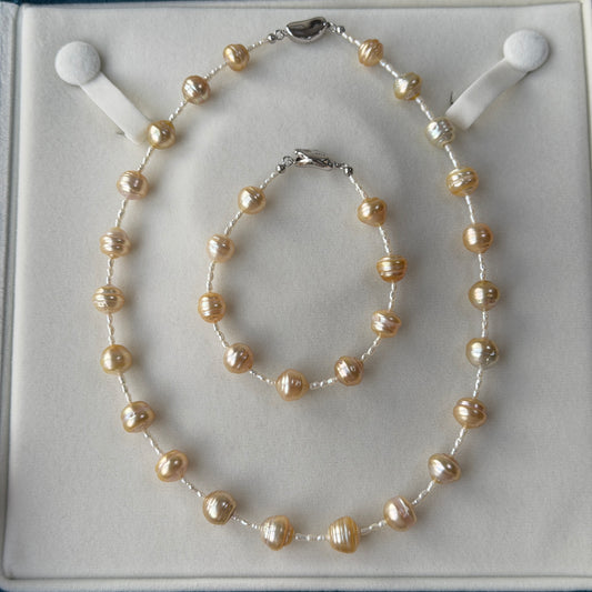 South Sea Golden Beehive Baroque Pearl Necklace Bracelet set s925